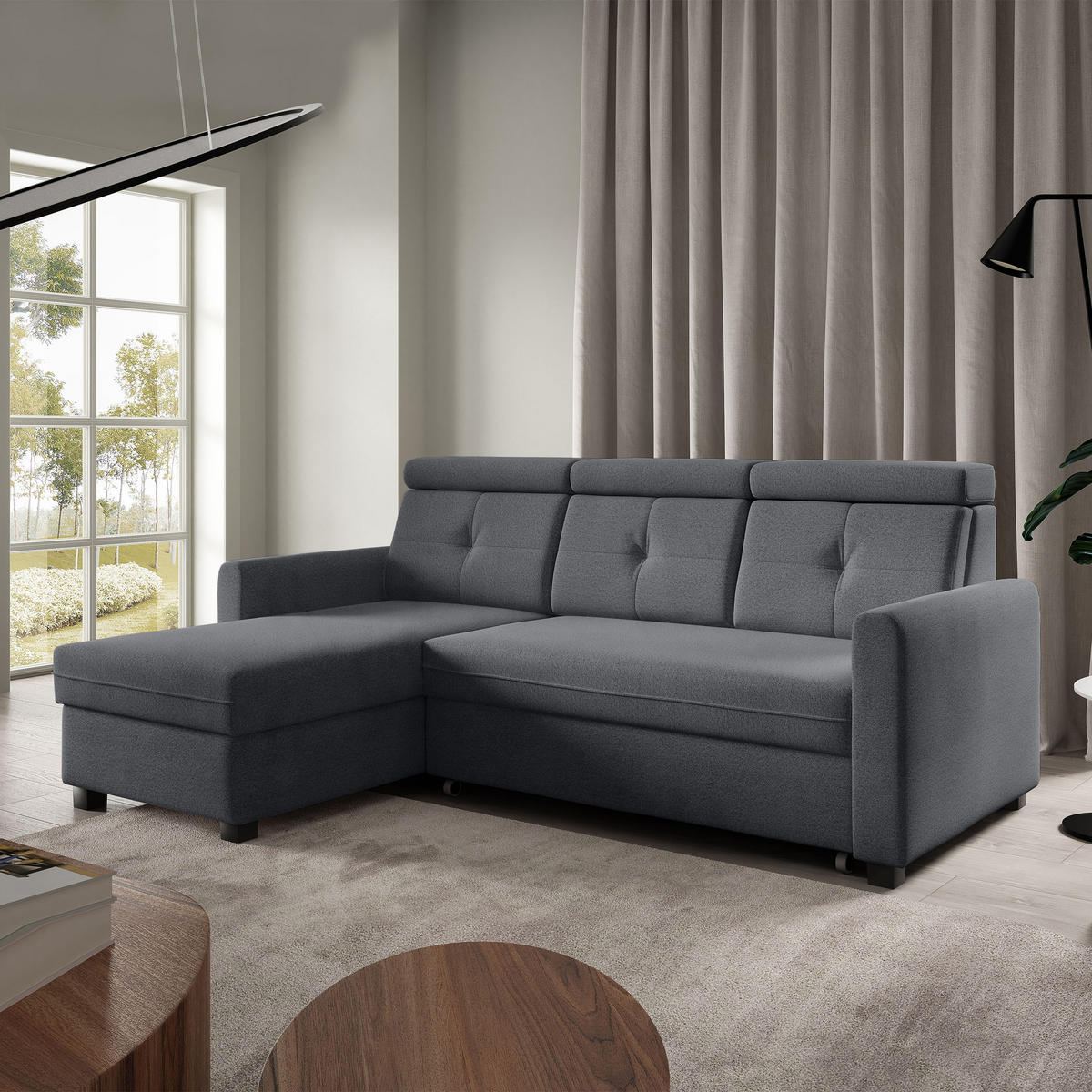 ECKSCHLAFSOFA Milano, Dunkelgrau, links - Dunkelgrau/Schwarz, Textil (217/166cm) - Beautysofa