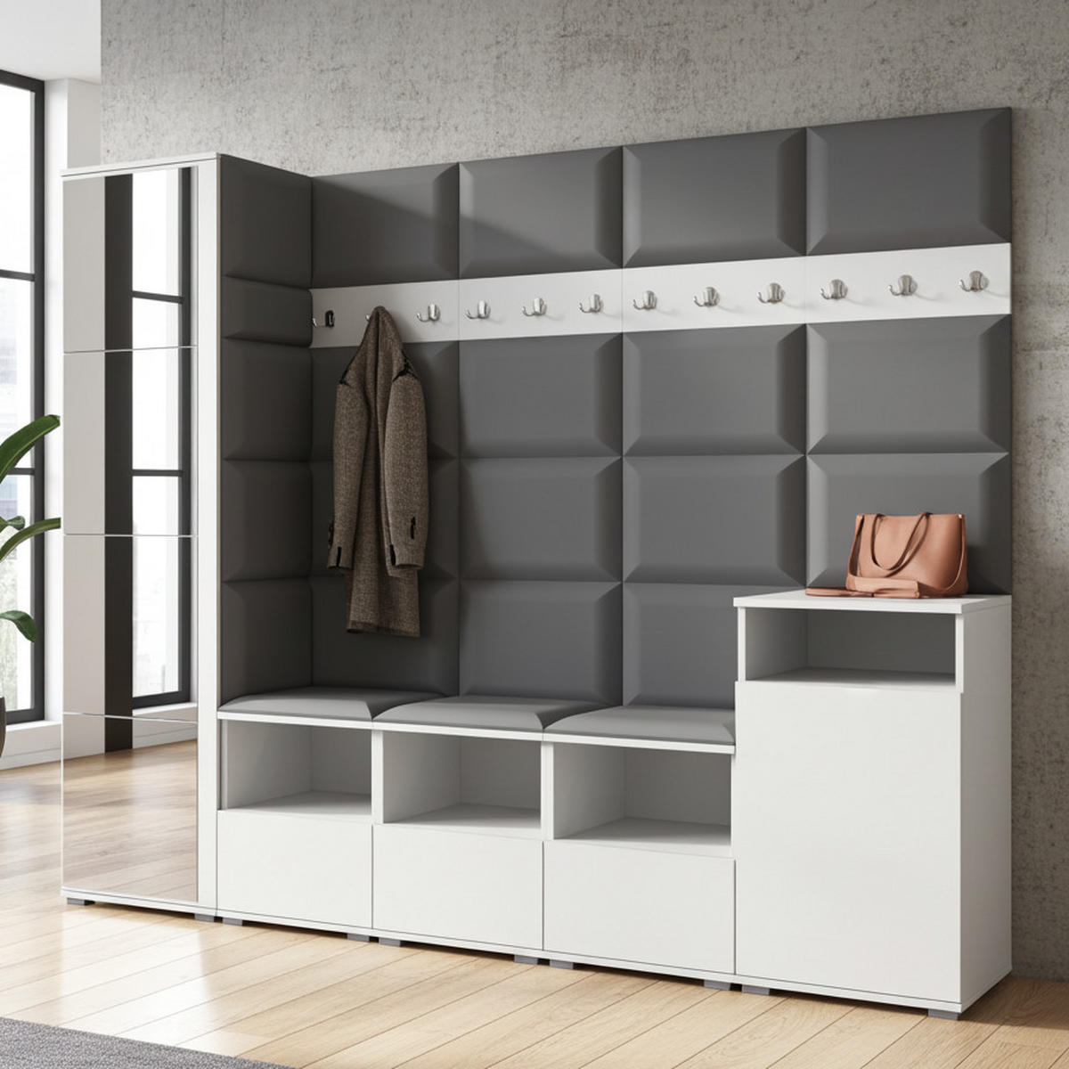 GARDEROBE NELA XI 250 cm (Modulare Flurmöbel Weiß mit Spiegel & Sitzpolster Dunkelgrau 15 Großes Set) - Dunkelgrau/Silberfarben, Holz/Holzwerkstoff (250/187/40cm) - Ravio