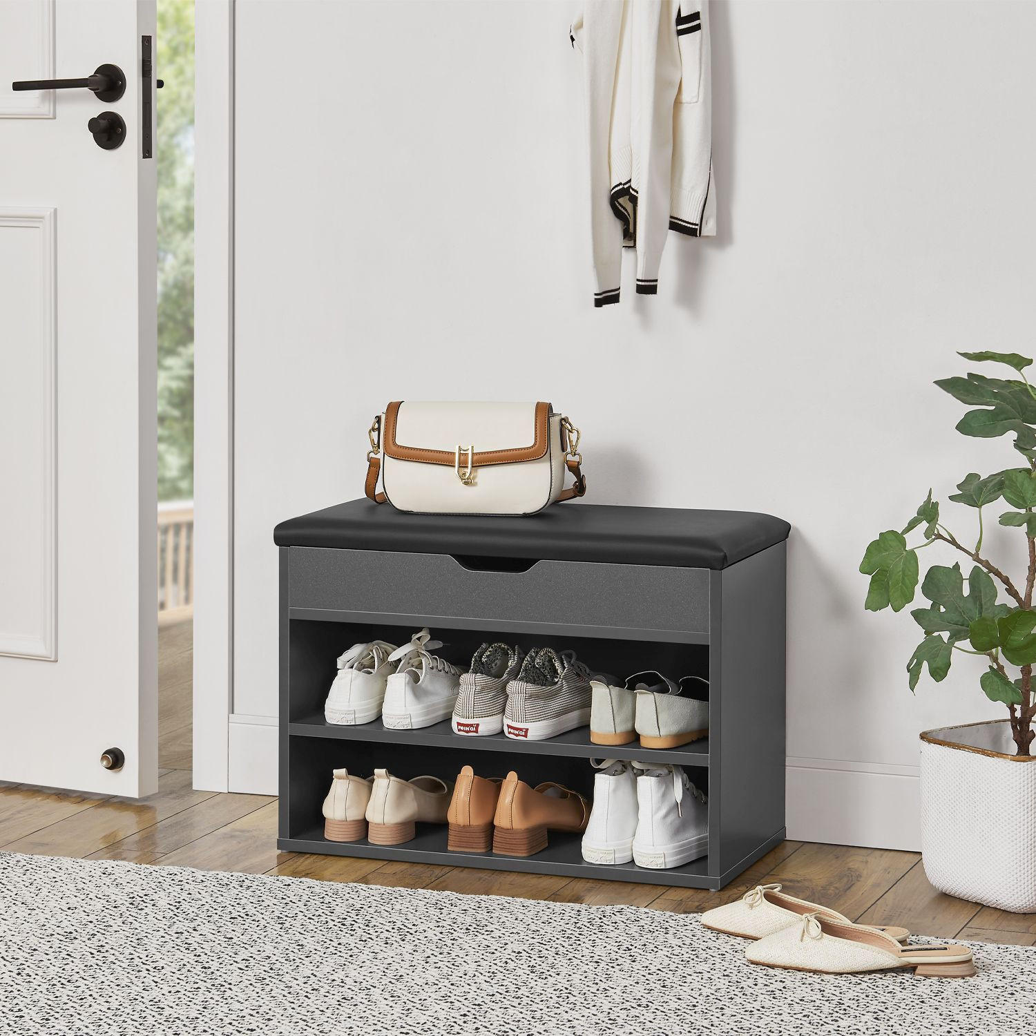 SCHUHREGAL grau mit Klappdeckel und gepolstertem Sitz 60 x 30 x 44 cm - Dunkelgrau, Holz (30/44/60cm) - Juskys