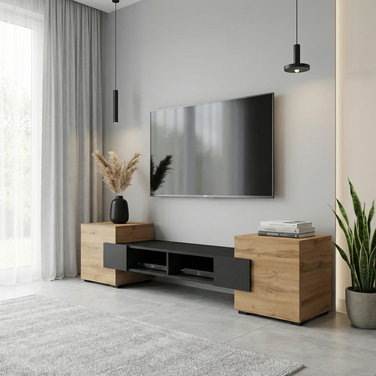 LOWBOARD TV TORINO Hängend + Stehend, Mattes Finish, Schwarz + Eiche Wotan - Eiche Wotan/Schwarz, Holzwerkstoff/Kunststoff (181/40/35cm) - Komodee