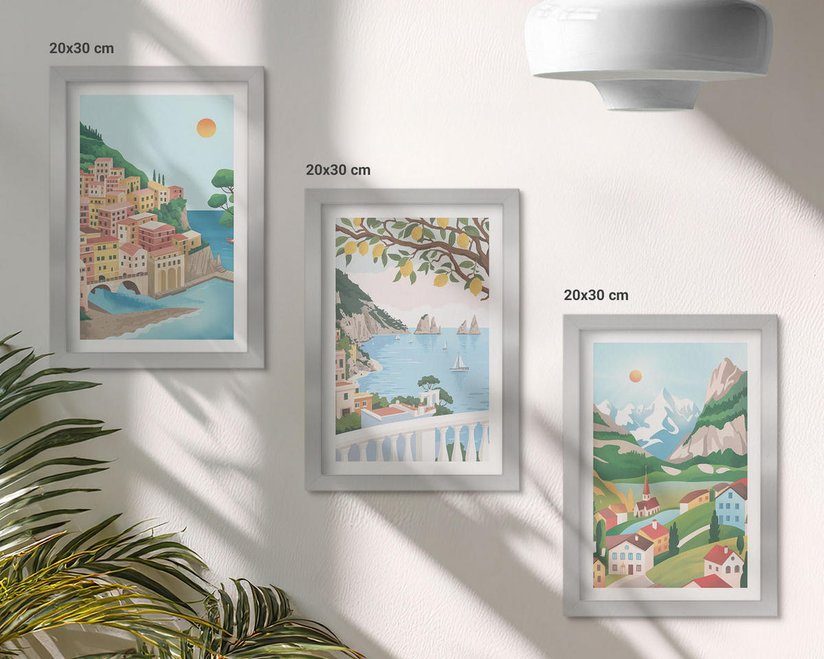 BILDER SET 3er Set - 20x30 cm Silberner Rahmen - Pastellfarbene Küstenansichten - Silberfarben, Kunststoff (20/30cm) - TULUP