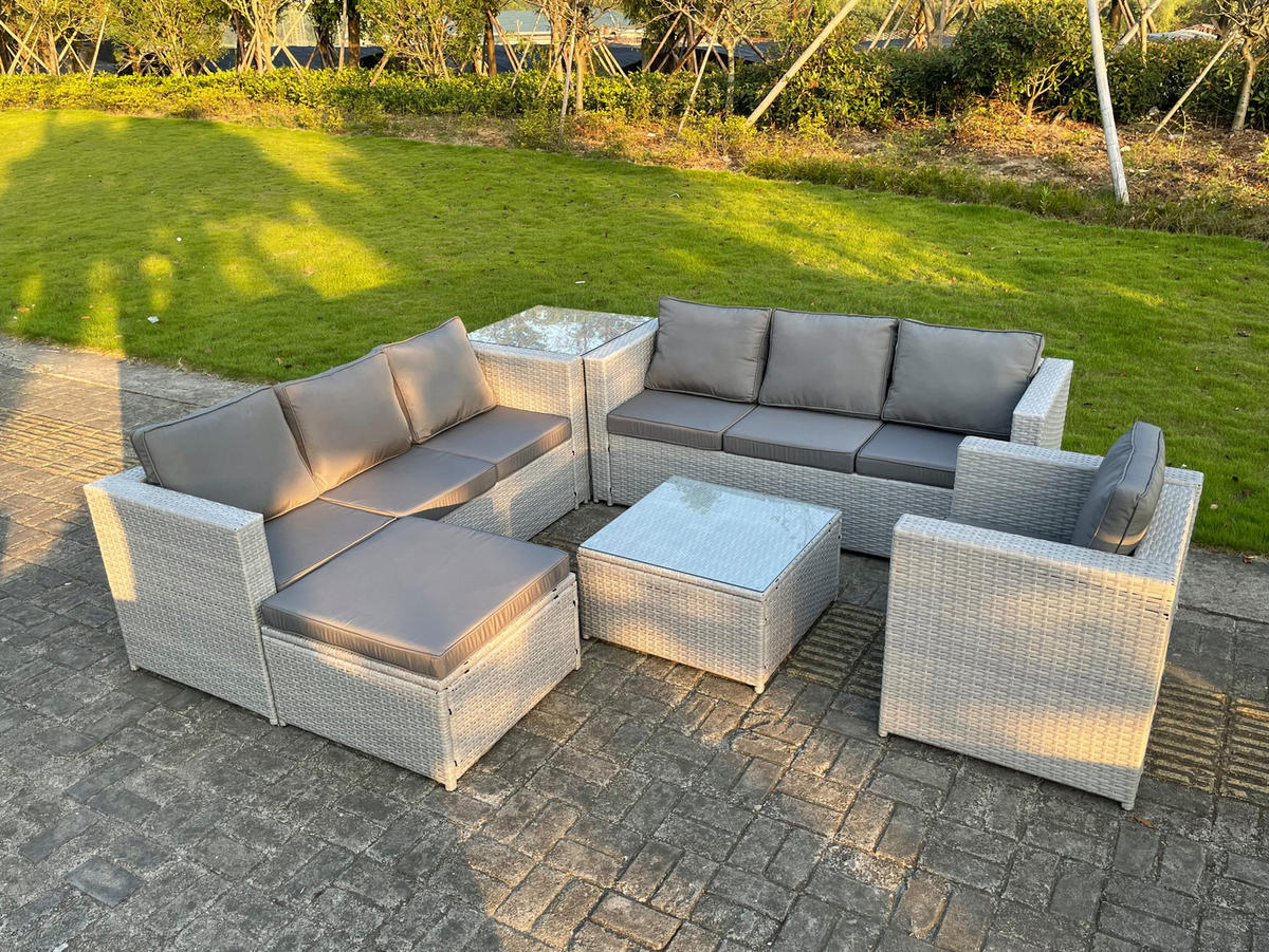GARTENMÖBEL SET mit Couchtisch Polyrattan Helles Grau 8-Sitzer - Hellgrau, Metall - Fimous