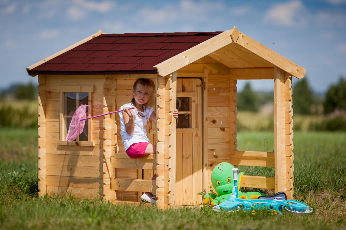 KINDERSPIELHAUS aus Holz - B146xL181xH145 cm/1,1m2 - M501A - Beige, Holz (146/145/182cm) - Timbela