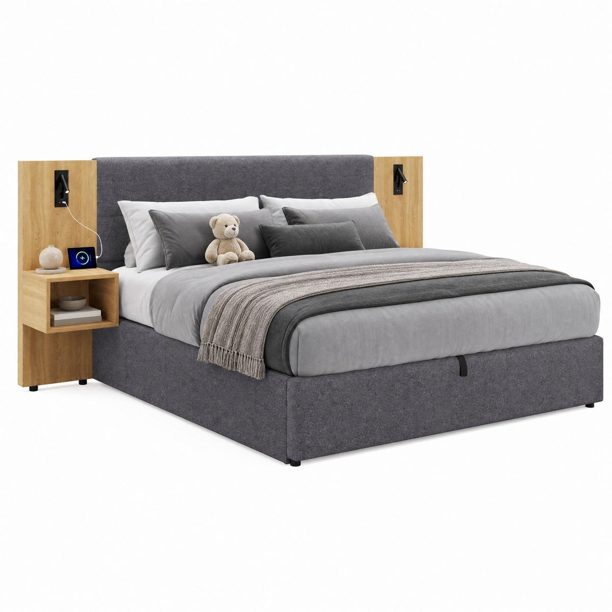 POLSTERBETT 180/200 cm in Natur & Grau Samt mit Bettkasten, LED und USB - Grau, Holzwerkstoff/Textil (180/200cm) - CHICFURN