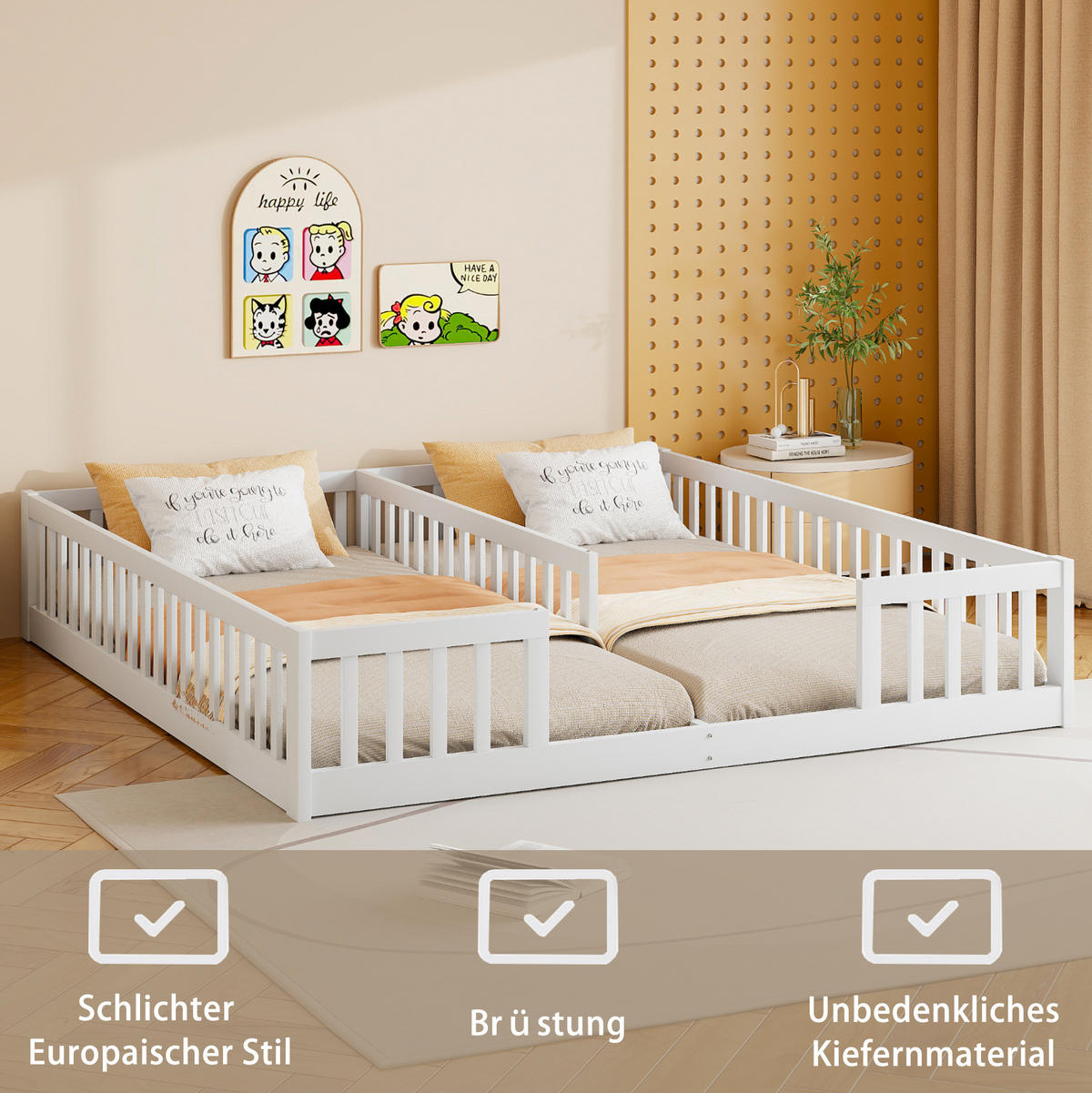 KINDERBETT Kindereinzelbetten 90/200 cm mit Sicherheitsgitter und 2 Liegeflächen aus Kiefer, Weiß - Weiß, Holzwerkstoff (90/200cm) - Redom