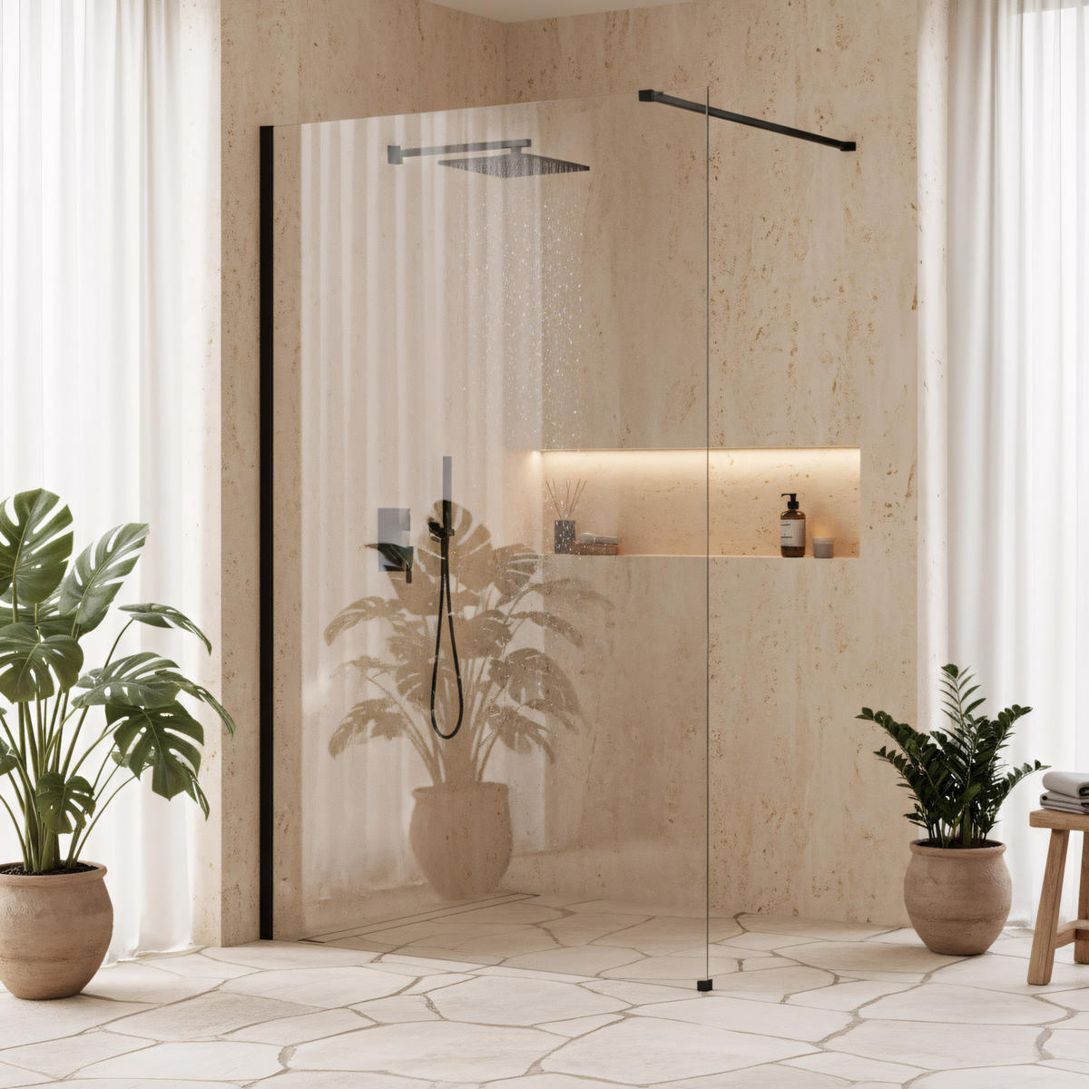 DUSCHWAND Rea Flexi Transparent / Black 120 - Schwarz, Glas (120/120/195cm) - REA
