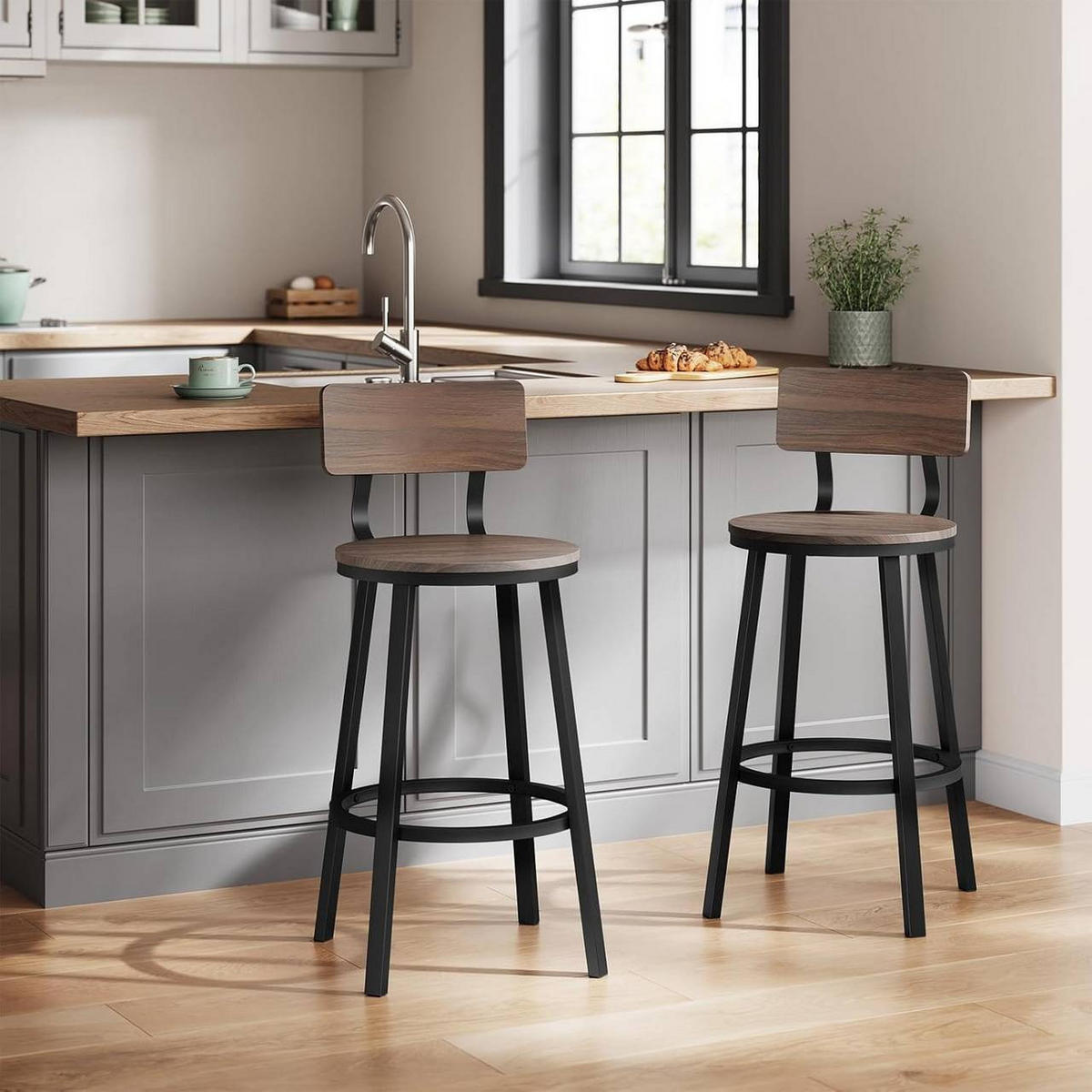 BARHOCKER 6er Set, Metallgestel, Dunkle Holzoptik - Nussbaumfarben/Schwarz, Holzwerkstoff/Metall (51.5/89/51.5cm) - Woltu