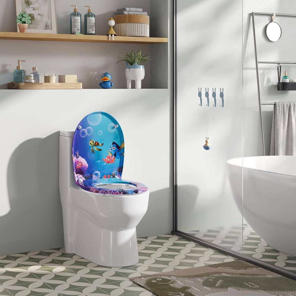 WC SITZ mit Absenkautomatik, Duroplast, Fische Oval - Blau/Weiß, Kunststoff (37/2.51/45cm) - Woltu