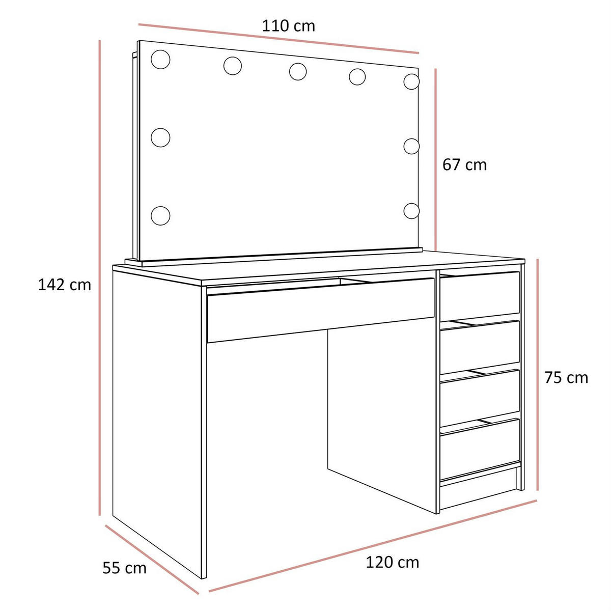 SCHMINKTISCH MADA ELITE in KASCHMIR mit Spiegel und LED Beleuchtung - Kaschmir, Holzwerkstoff (120/142/55cm) - Lookway