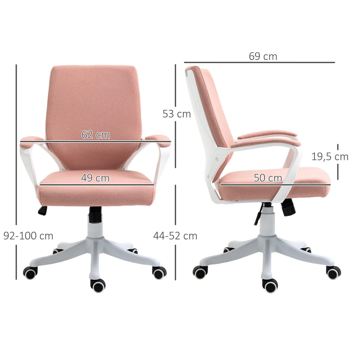 BÜROSTUHL, Polyester, Nylon, Rosa+Weiß - Hellrosa, Kunststoff (69/100/62cm) - Vinsetto
