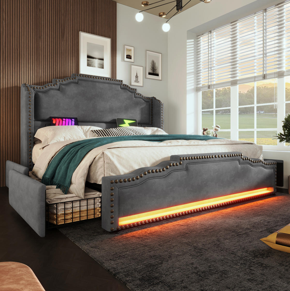 POLSTERBETT mit 4 Schubladen 180x200 cm Samt Grau mit LED und USB-C - Grau, Metall (180/200cm) - Meubliv