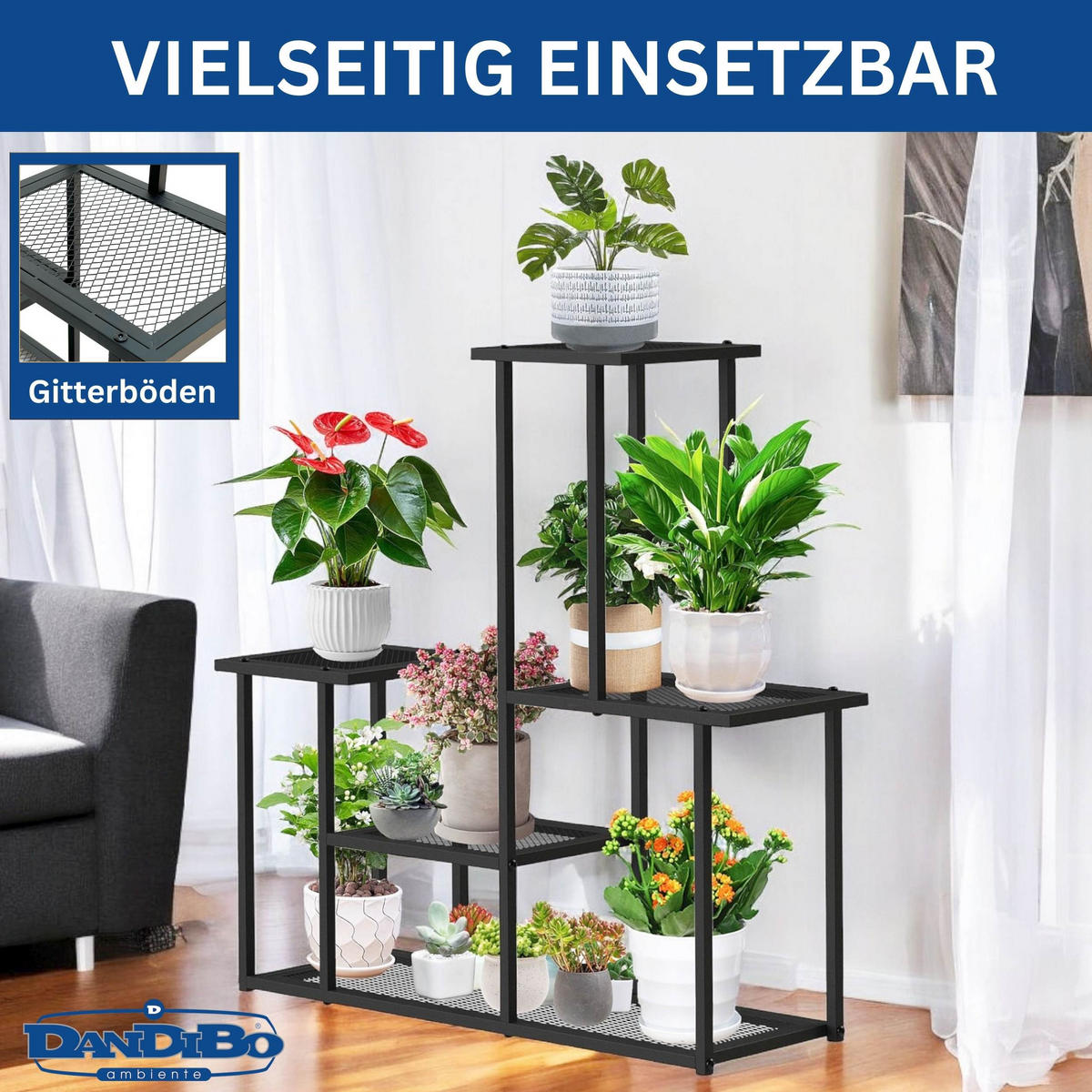 DANDIBO Blumenregal indoor Metall Schwarz 4 Ebenen 96579 Blumentreppe Modern Pflanzentreppe Design Pflanzenregal - Schwarz, Metall (77/82/25cm) - DanDiBo