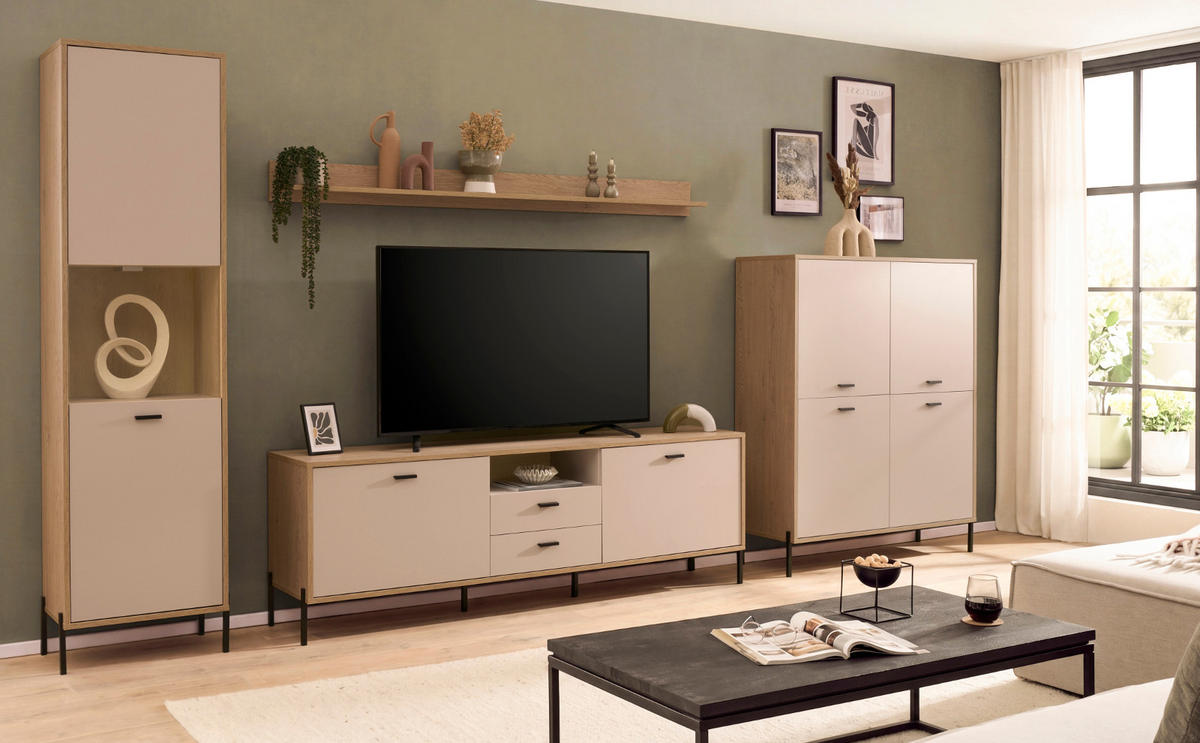 WOHNWAND Kaschmir, Eiche 384 cm Set 4-teilig, Wohnkombination mit Soft-Close - Kaschmir/Eichefarben, Glas/Holzwerkstoff (384/204/40cm) - Furn.Design
