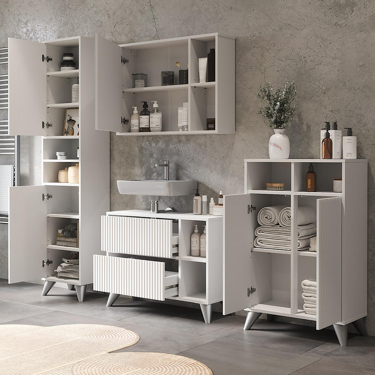 BADMÖBEL-SET Leano Weiß 80 cm, Set 4 - Weiß, Holzwerkstoff (80/62/30cm) - Vicco