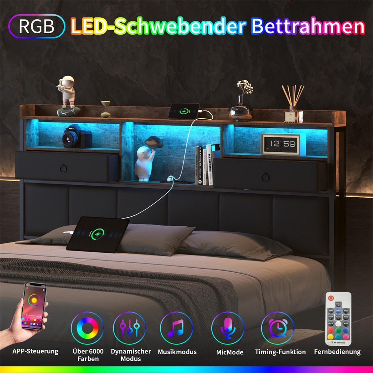 METALLBETT 140 x 200 cm mit 6 Schubladen - Kopfteil-Ablage mit LED-Beleuchtung und Steckdosen & USB-Anschlüsse - Braun, Metall (140/200cm) - DELFA