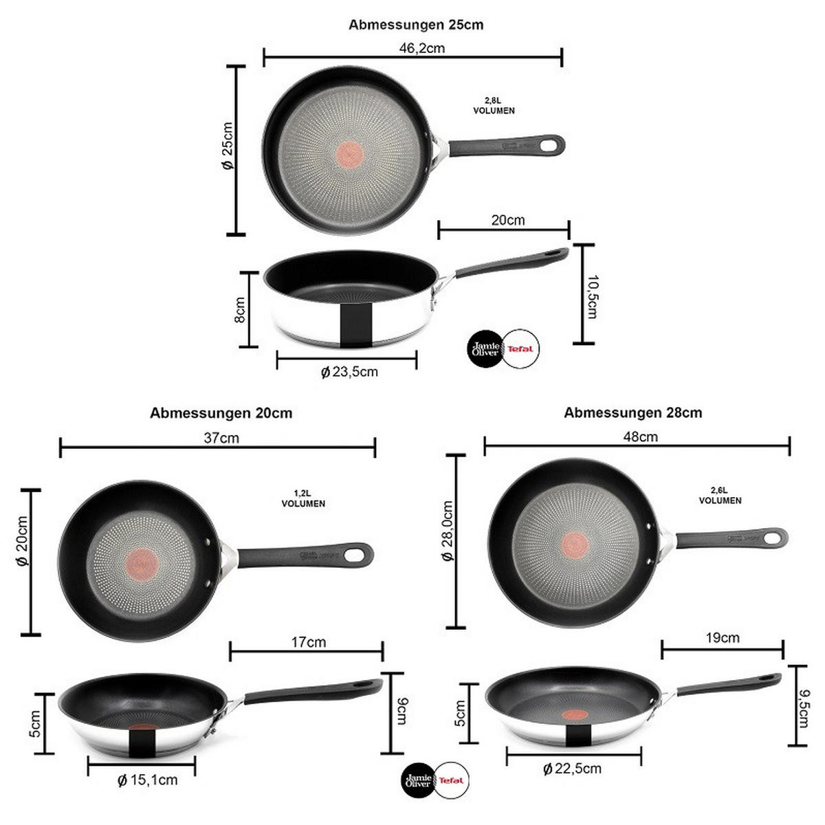 PFANNENSET -Jamie Oliver- 4-tlg, Pfanne 20+28cm, Schmorpfanne 25cm mit Glasdeckel, Bratpfanne Set, Induktion geeignet, Antihaftbeschichtet, Edelstahl - Silberfarben, Metall - Tefal