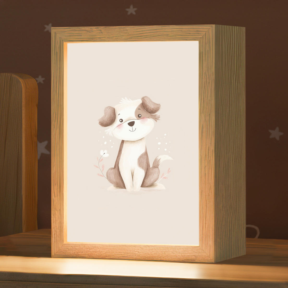 NACHTTISCHLAMPE Hund - Gefleckt - Braun 15x20 cm - Beige, Holzwerkstoff (8/15/20cm)