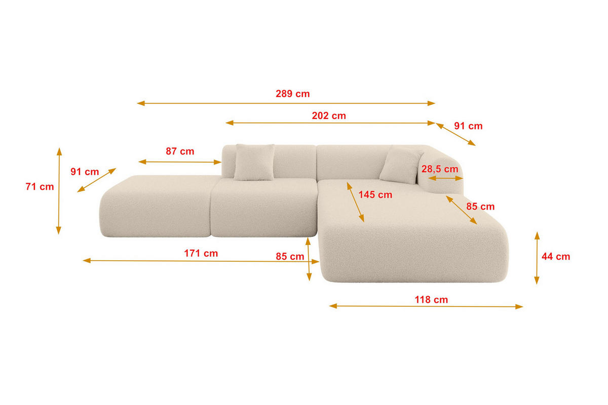 ECKSOFA Ottomane Rechts OVLY-L 289x176x71 Dunkelbeige Bouclé - Schwarz/Cappuccino, Holzwerkstoff/Kunststoff (289/176cm) - ALTDECOR