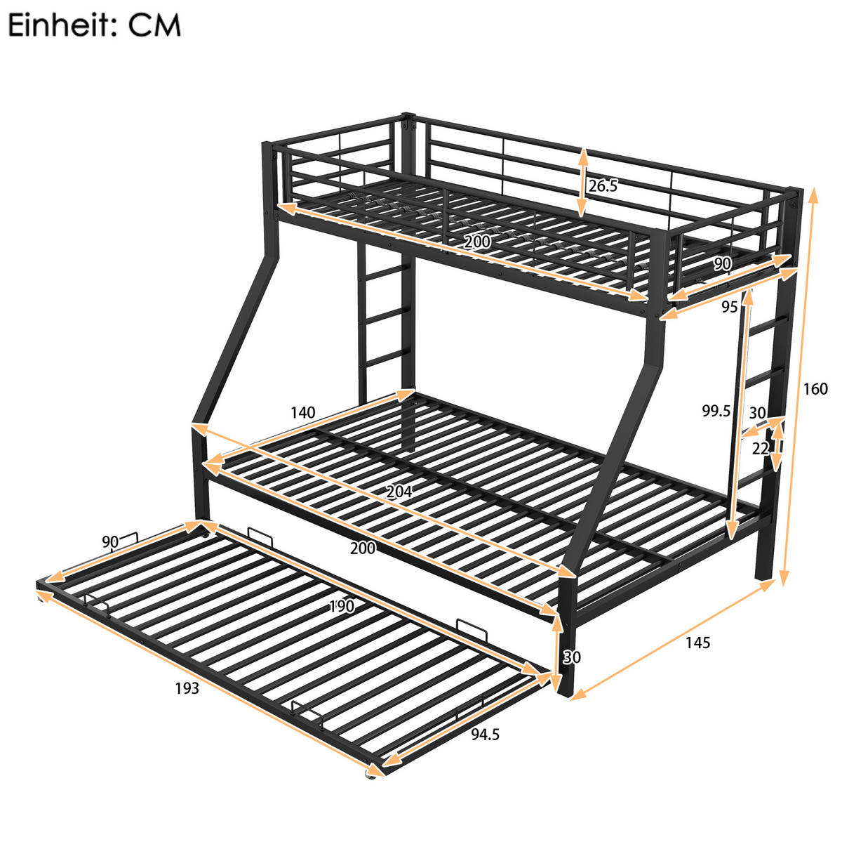 ETAGENBETT 90/140/200 cm aus Metall mit ausziehbarem Bett Schwarz - Schwarz, Metall (90/190cm) - Modenvie