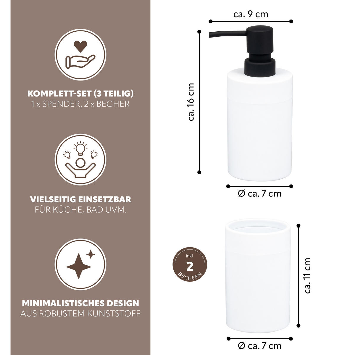 BADEZIMMER-SET SAVONA, Soft-Touch, weiß, rund - Weiß, Kunststoff (7/16/9cm) - bremermann