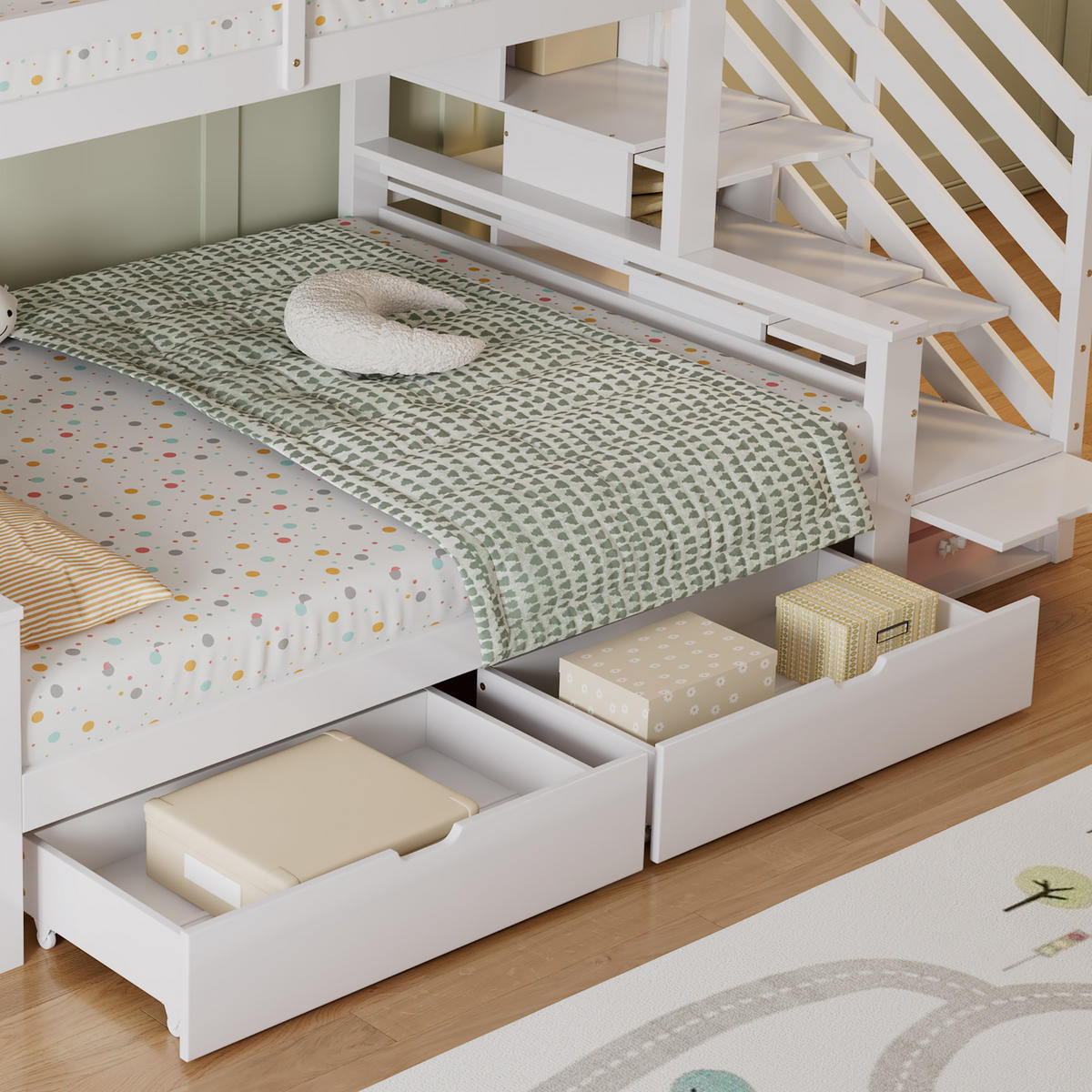 ETAGENBETT 90/200 cm & 140/200 cm in Weiß mit 2 Schubladen, Treppenschrank und Dachdesign - Weiß, Holz/Holzwerkstoff (140/200cm) - CHICFURN