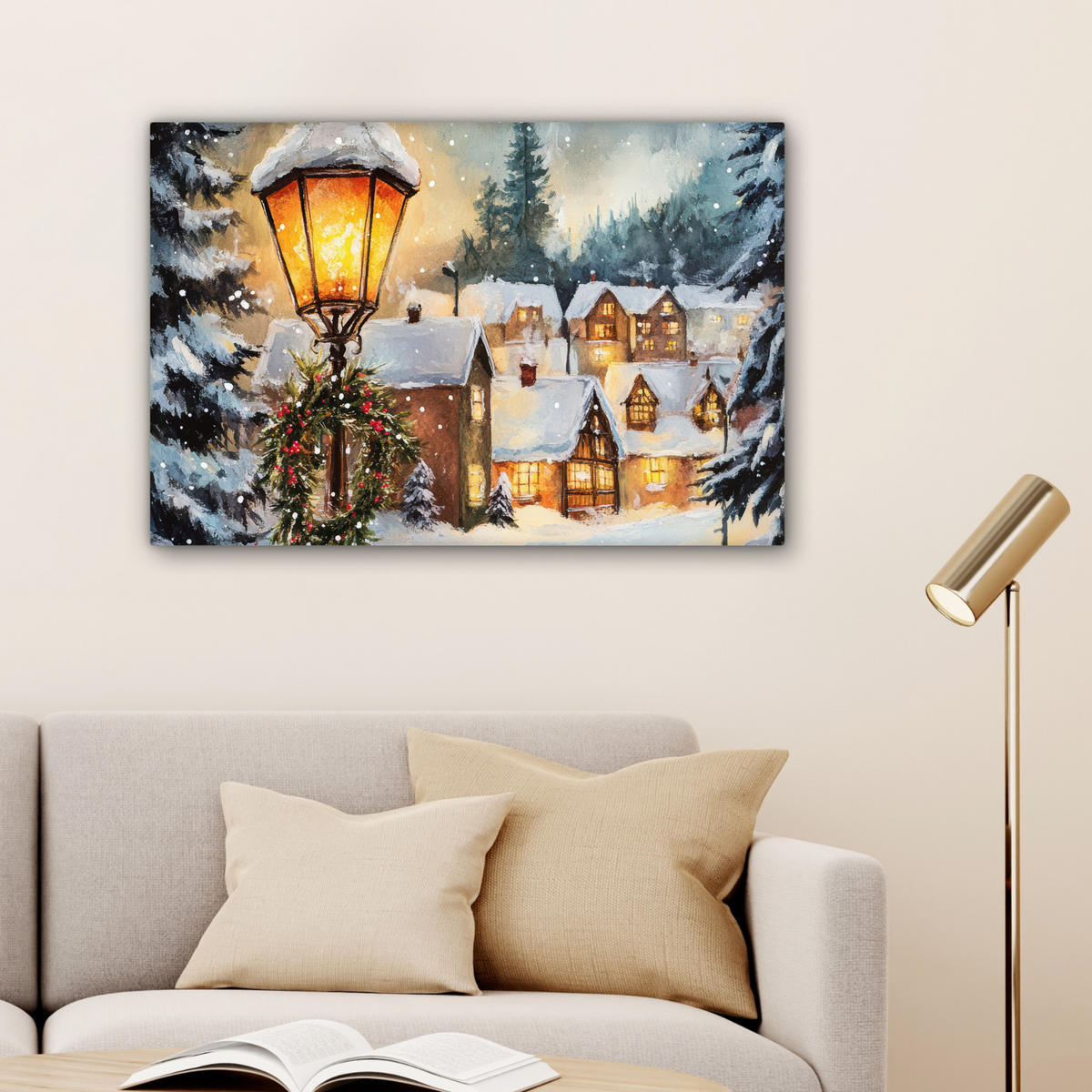 LEINWANDBILD Weihnachtsdorf - Häuser - Schnee - Weihnachten Wanddeko 90x60 cm - Sandfarben, Textil (90/60cm) - MuchoWow