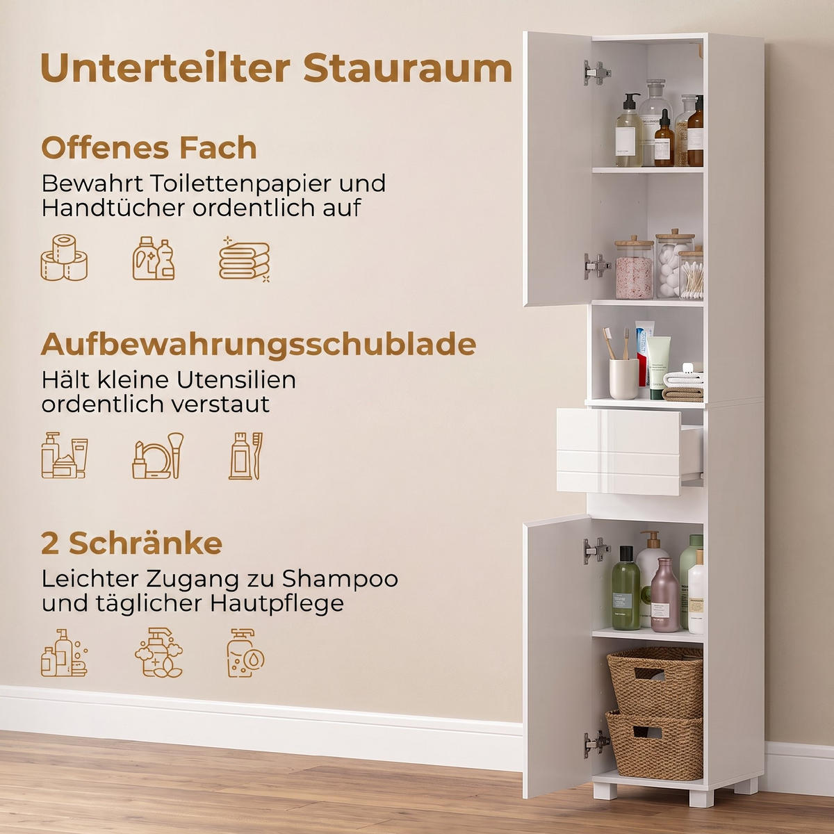 BADEZIMMERSCHRANK MDF Weiß - Weiß Hochglanz/Weiß, Holzwerkstoff (30/170/30cm) - HOMCOM