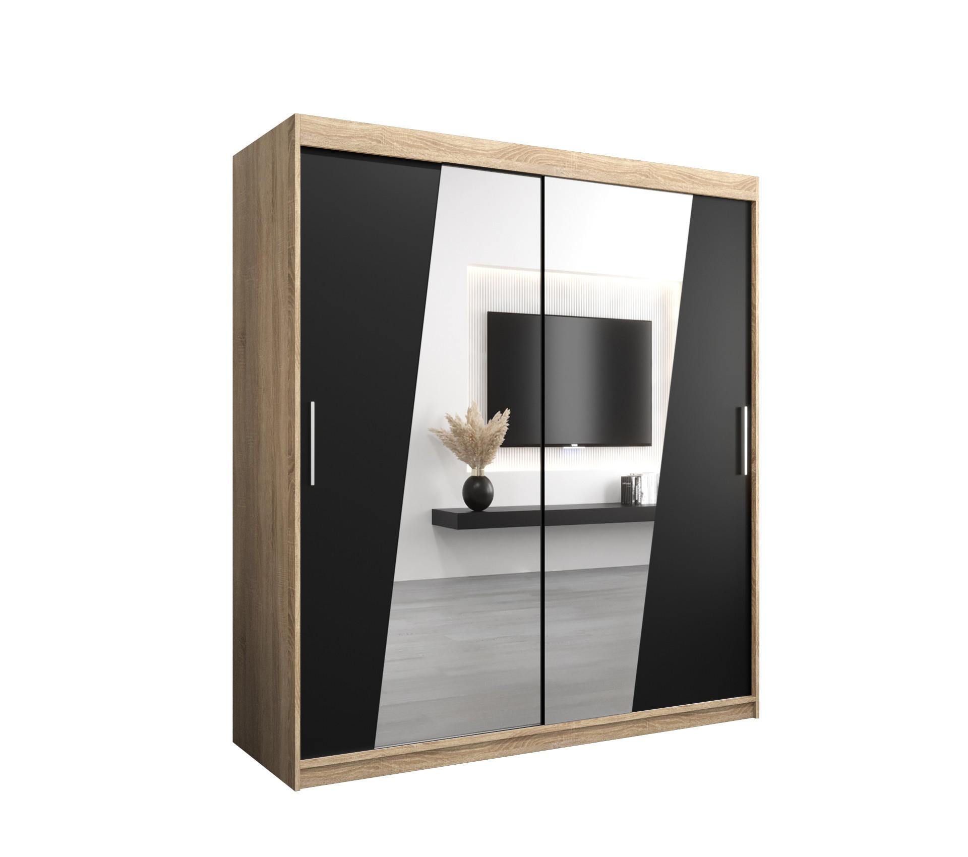 Abiks Möbel Schwebetürenschrank Sonoma Eiche, Schwarz 180x200x62 cm