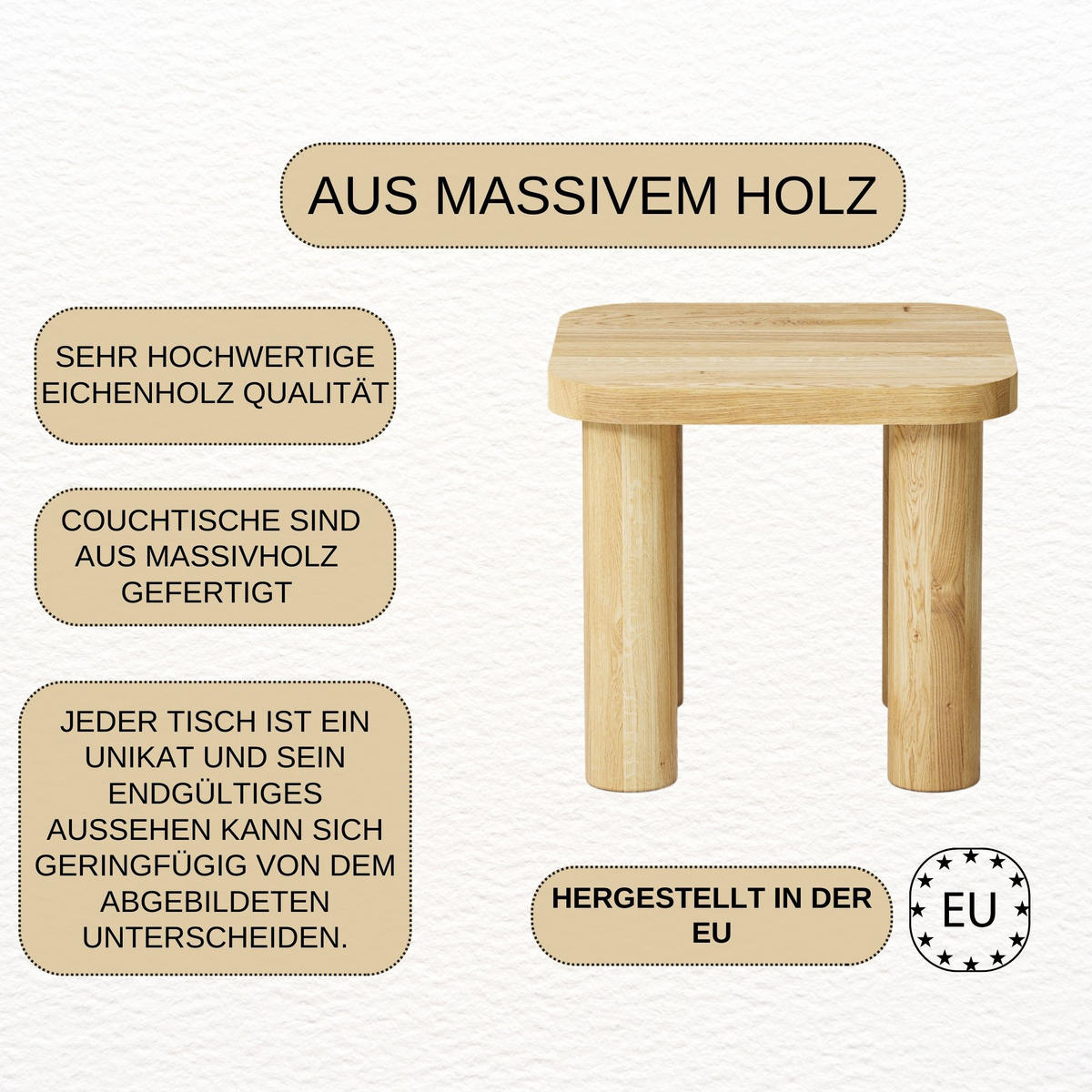 COUCHTISCH Eichenholz vollmassiv quadratisch Naturbelassenen 50/50/45 - Naturfarben, Holz (50/50/45cm)