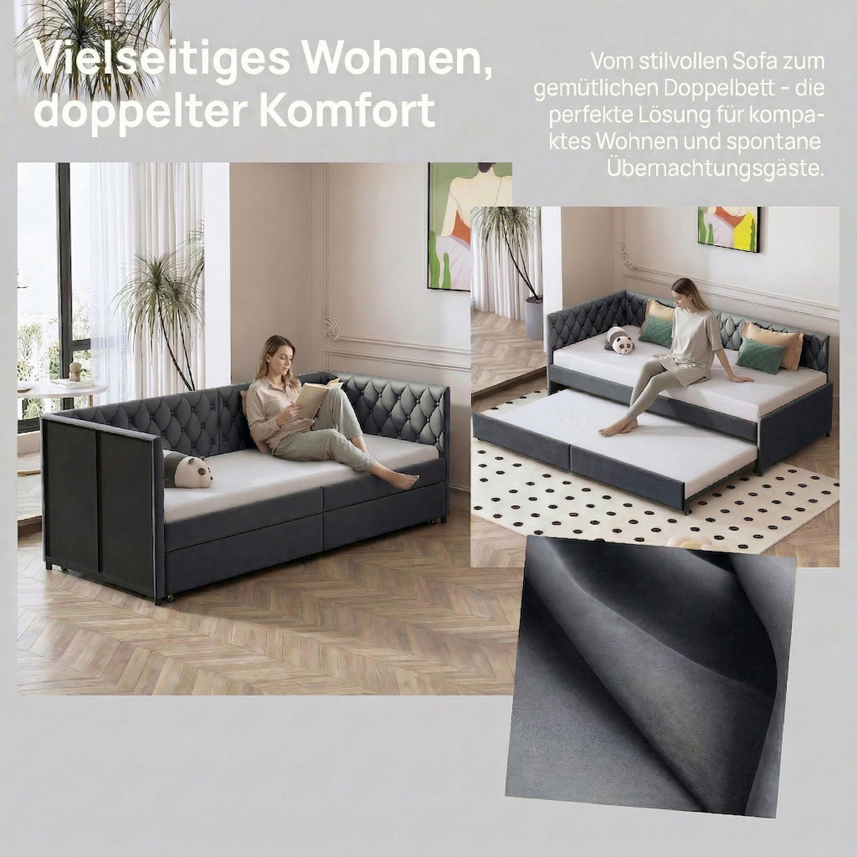 TAGESBETT 90/180x200 cm Schlafsofa in Grau, Samt - Grau, Holz/Metall (180/200cm) - PARAFTA HOME