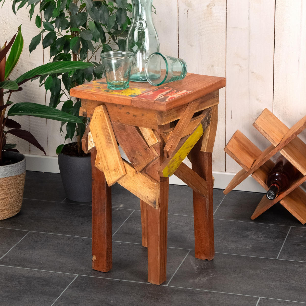 HOCKER Patchy 52x30 cm, Recyclingholz massiv natur-bunt - Naturfarben, Holz (30/52/30cm) - CREEDWOOD