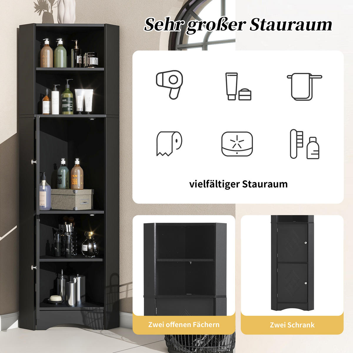 BUFFET Moderner Eckschrank minimalistisch Dreiecksdesign kippsicher wasserdicht Stauraum - Schwarz, Holzwerkstoff (36.5/155/36.5cm) - EVRYAE