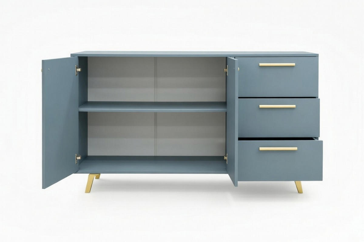 KOMMODE Nancy mit 3 Schubladen und 2 Türen, Sideboard in Farbe: Blau, Schrank in Größe: 140 x 86 x 41 cm - Blau, Holzwerkstoff (140/86/41cm) - Agmat-Furniture