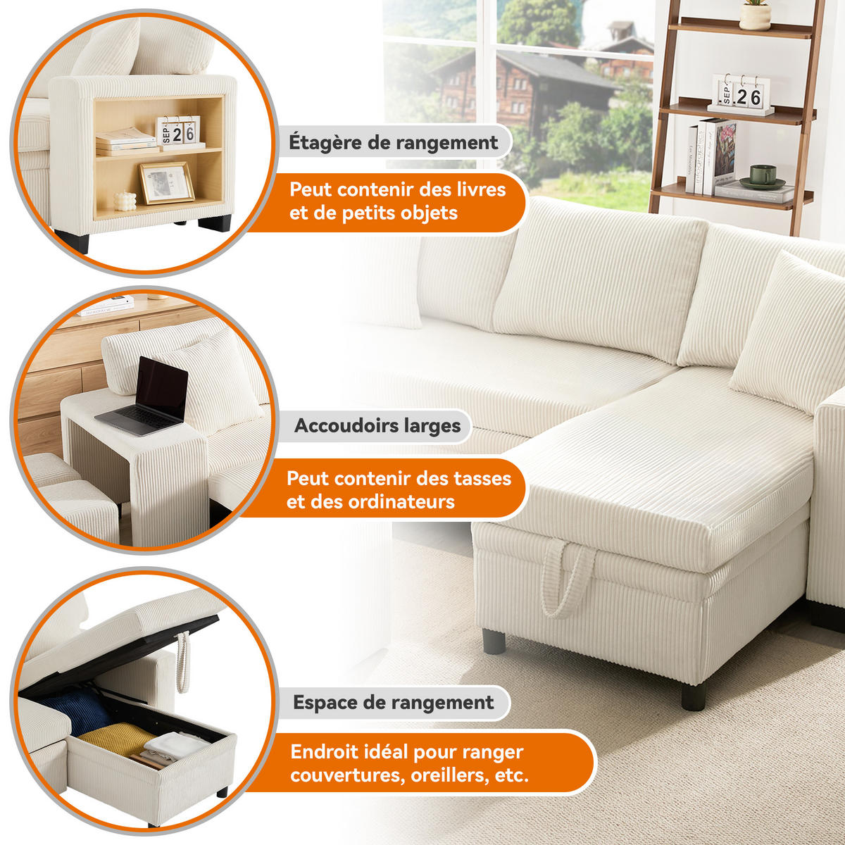 SCHLAFSOFA L-Form mit USB, Kissen und Seitenablagen - Beige, Textil (231/84/131.5cm)