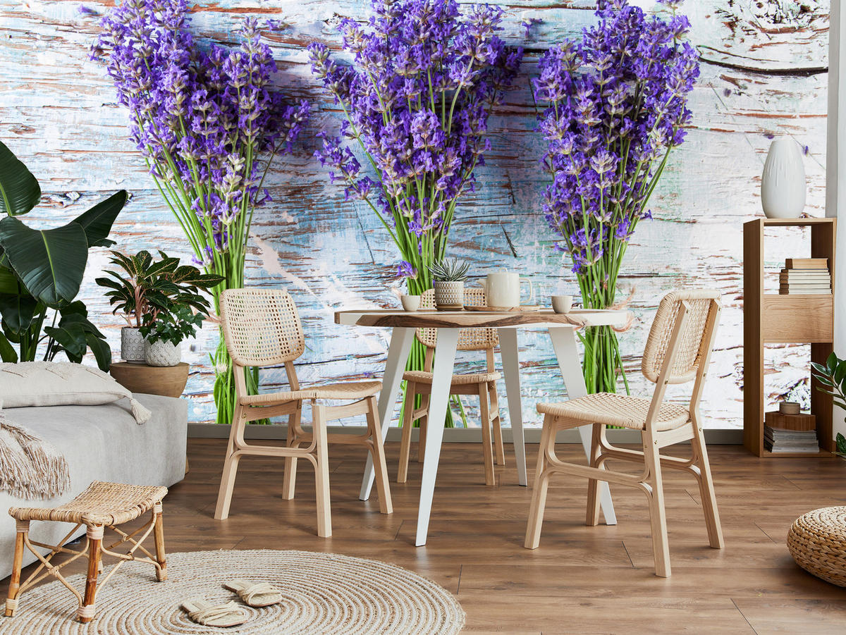 FOTOTAPETE für Küche Lavendelblüten Lila Holz Rustikal 250x175 - Violett/Weiß, Papier (250/175cm) - Muralo