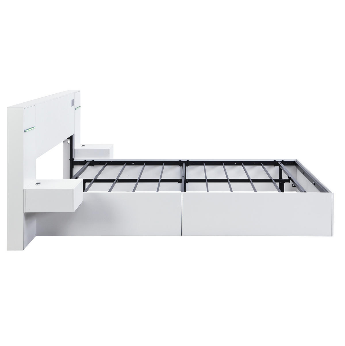 DOPPELBETT 160/200 cm aus MDF mit USB-A/USB-C, Bluetooth-Lautsprechern, Uhr, LED-Lichtleiste und 2 Nachttischen, Weiß - Weiß, Holzwerkstoff (160/200cm) - Redom