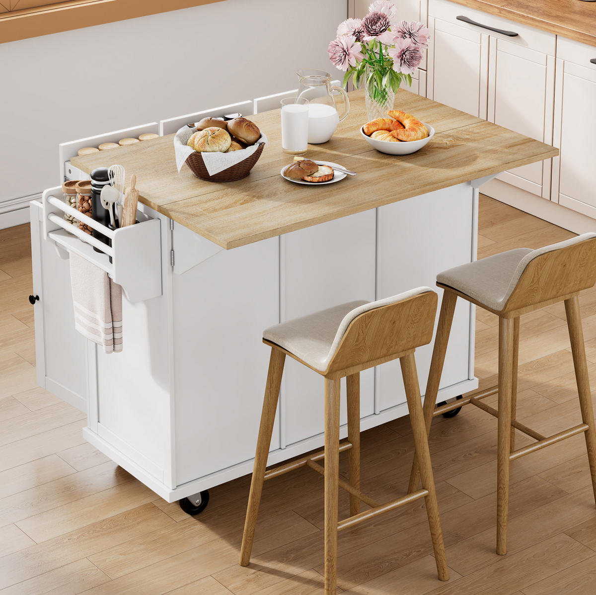 KÜCHENINSEL 112/46,2-76,2/92,7 cm aus MDF mit ausziehbarer Arbeitsplatte, Abfallfach und Rollen, Weiß/Natur - Weiß, Holzwerkstoff (112/92.7/76.2cm) - Redom