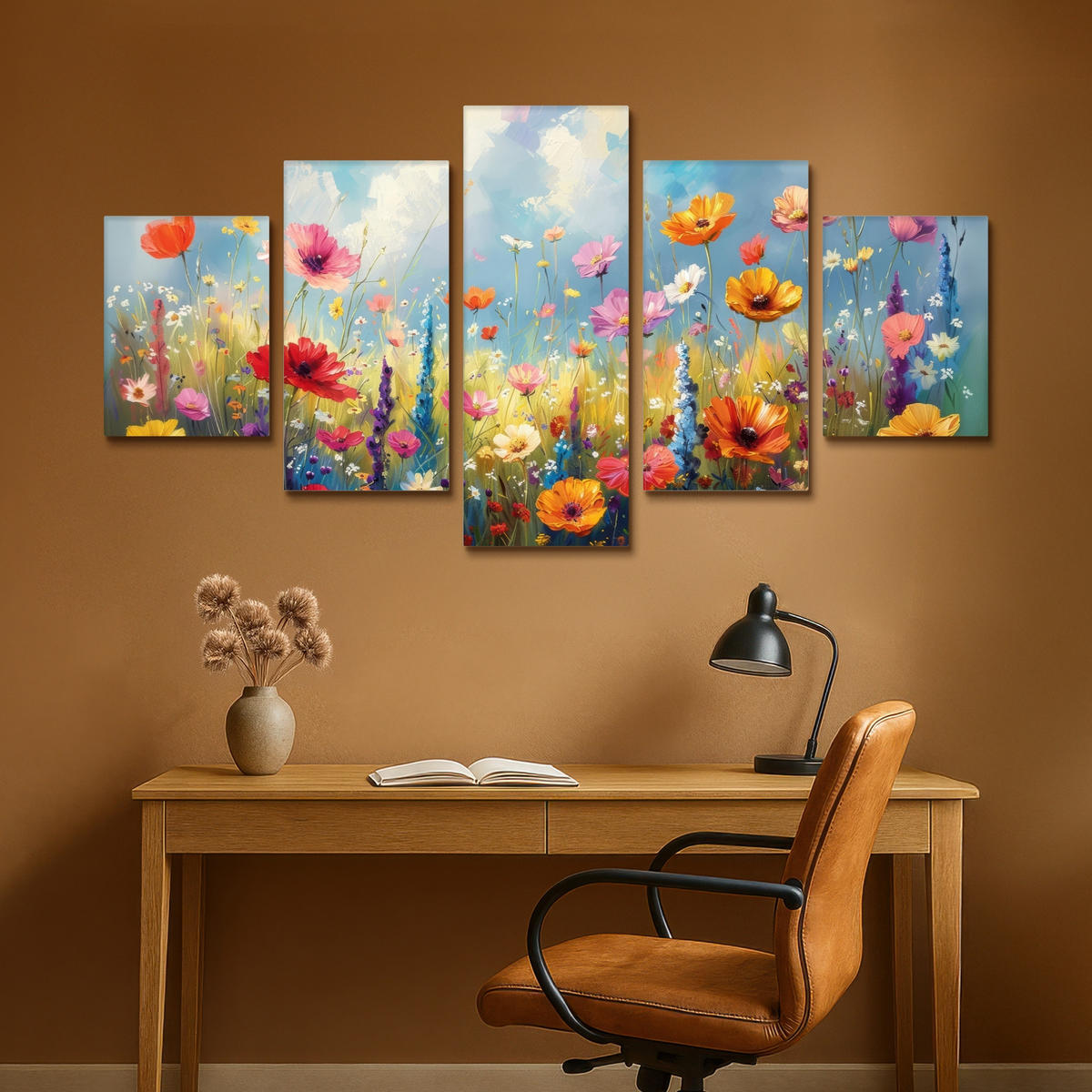 LEINWANDBILD 5er Set Blumen - Frühling - Farbenfroh - Sommerlich 150x80 cm - Orange, Textil (150/80cm) - MuchoWow