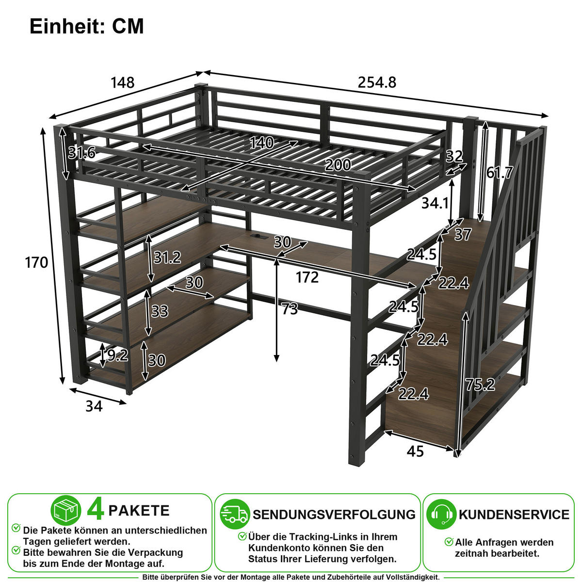 HOCHBETT 140/200 cm in Schwarz mit Schreibtisch, Regal, LED und USB - Schwarz, Holzwerkstoff/Metall (140/200cm) - CHICFURN