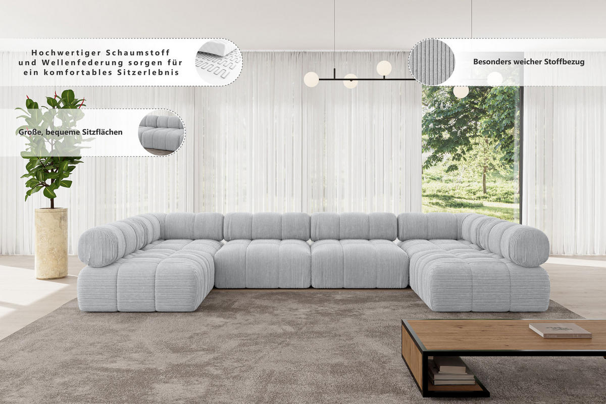 WOHNLANDSCHAFT modulares Sofa Garvo-U2 - 380x190x70 cm Grau Cord - Grau, Holzwerkstoff/Textil (380/70/190cm) - ALTDECOR