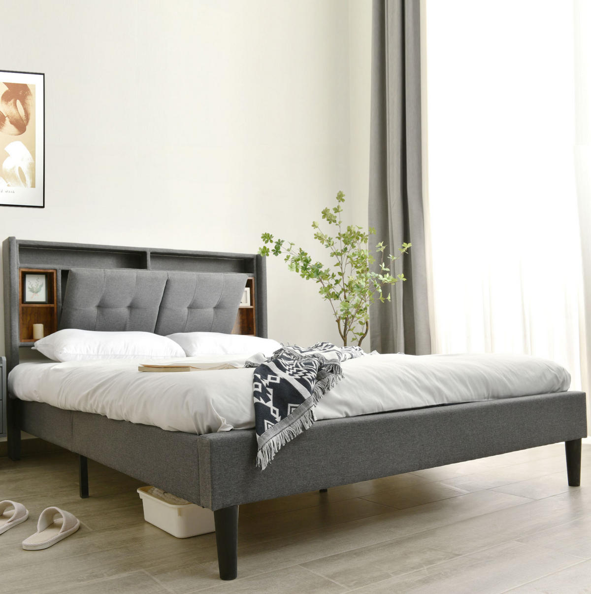 POLSTERBETT 140/200 cm Grau mit Stauraum-Kopfteil, USB-Anschluss und LED - Grau, Holz (140/200cm) - Flora Grace