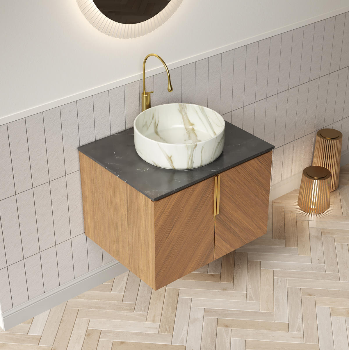 WASCHTISCH aus Keramik und Sinterstein 61x50x53,1 cm Schwarz/Braun-Eiche mit Stauraum und Soft-Close - Schwarz, Keramik (61/53.1/50cm) - Modfu