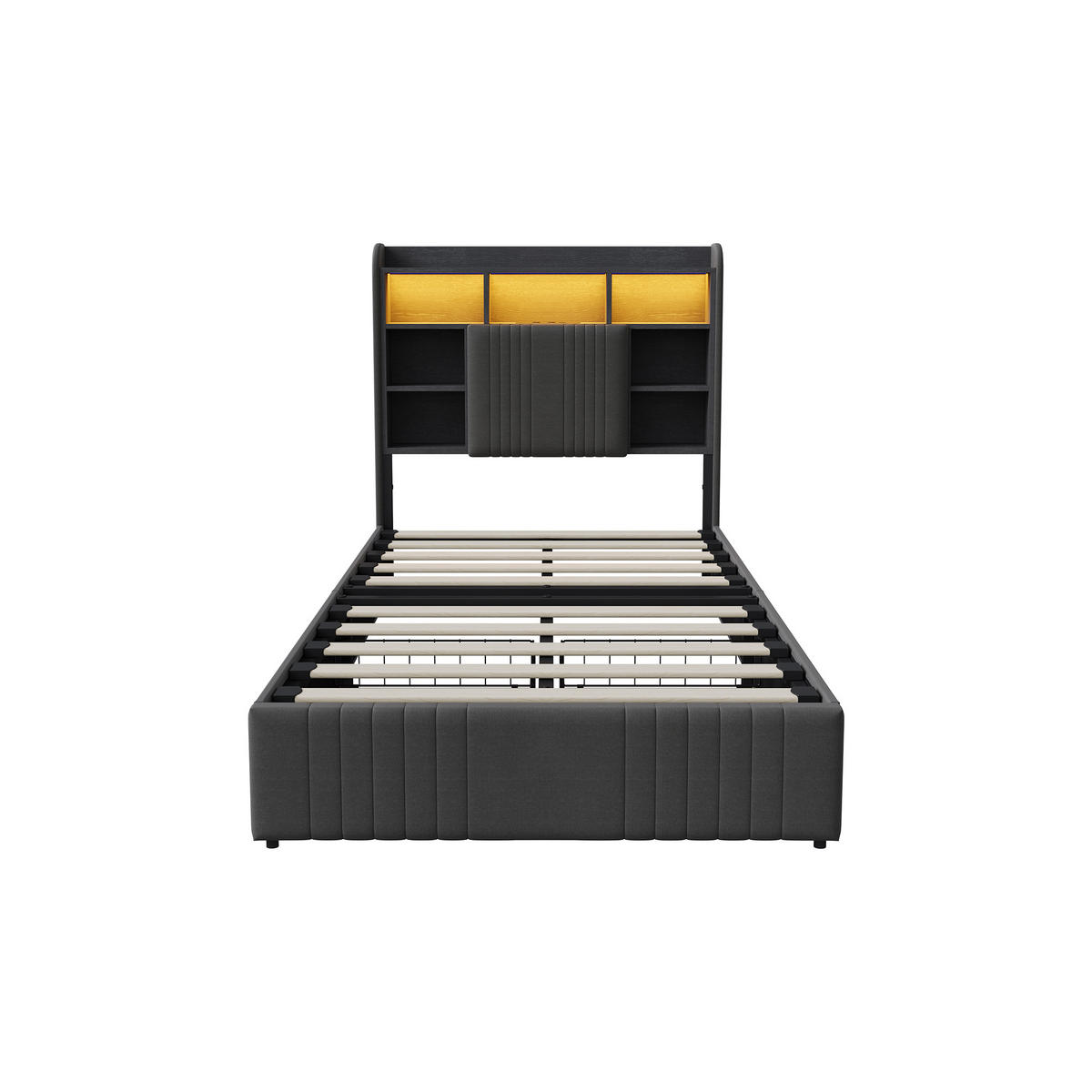 POLSTERBETT 90/200 cm Grau mit 2 Schubladen, LED-Kopfteil mit Ablage und USB - Grau, Metall (90/200cm) - EuroLiving