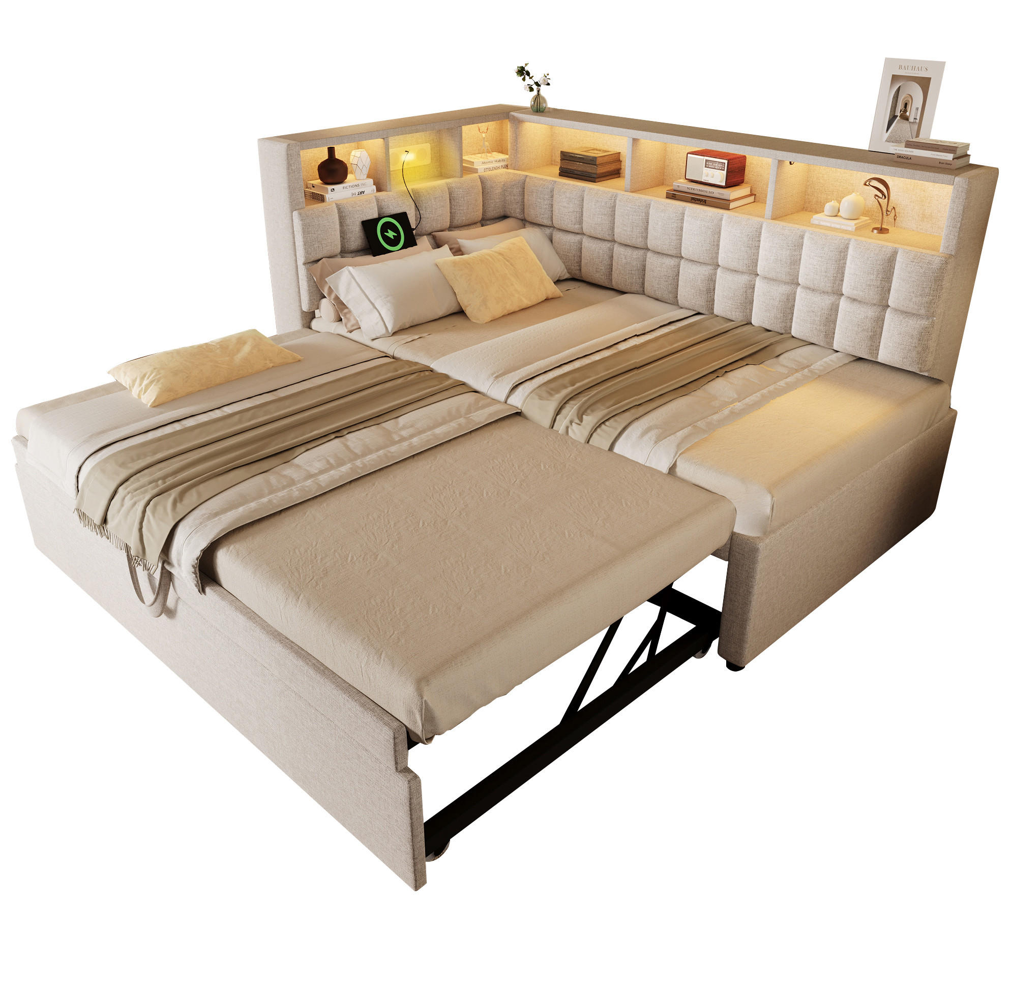 AUSZIEHBETT 90/200 cm Beige mit LED-Beleuchtung Bluetooth-Lautsprecher und USB- und Type-C-Anschlüssen aus Leinen - Beige, Textil (90/200cm) - OKWISH