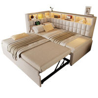 AUSZIEHBETT 90/200 cm Beige mit LED-Beleuchtung Bluetooth-Lautsprecher und USB- und Type-C-Anschlüssen aus Leinen - Beige, Textil (90/200cm) - OKWISH