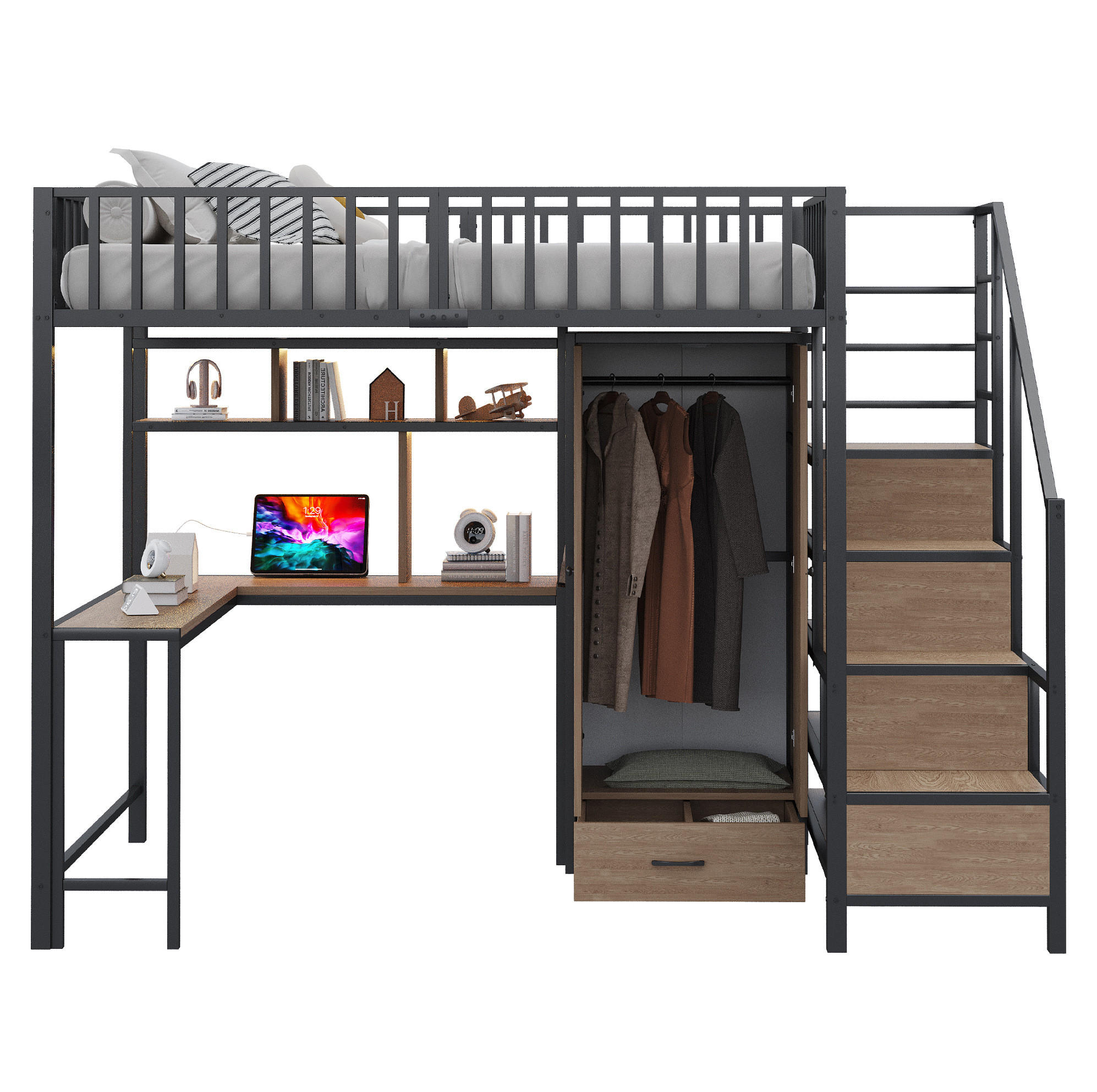 HOCHBETT 140/200 cm Schwarz aus Metall mit Schreibtisch und Stauraum - Schwarz, Metall (140/200cm) - OKMYHOME