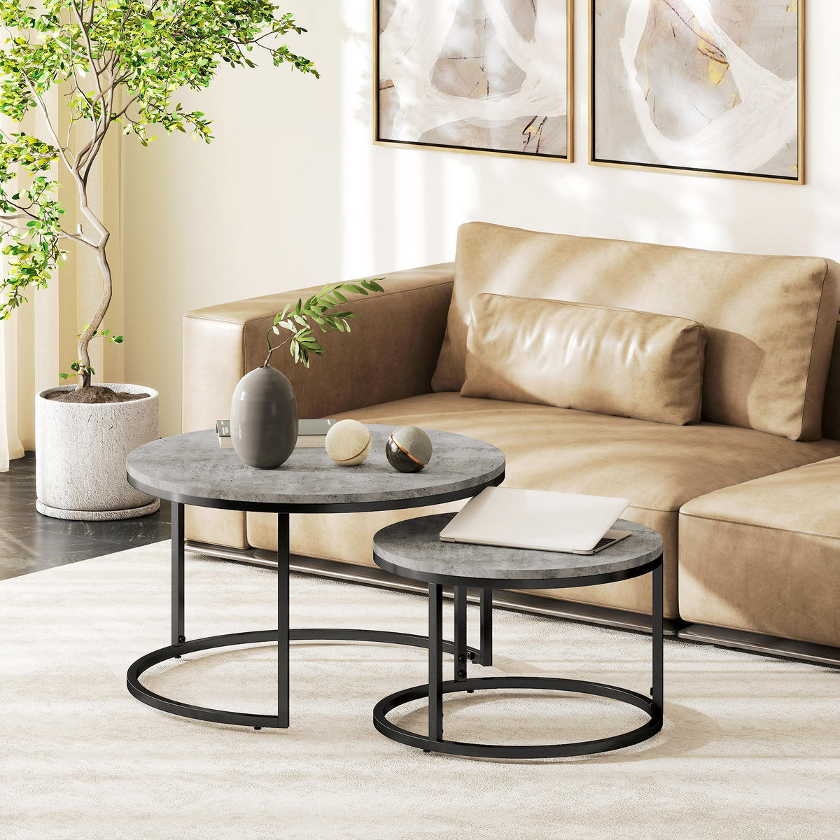 RUNDER Couchtisch 2er Set, stapelbar Beistelltisch in Marmoroptik, Satztisch - Grau, Holzwerkstoff (78.5/78.5/46.5cm) - HOMCOM