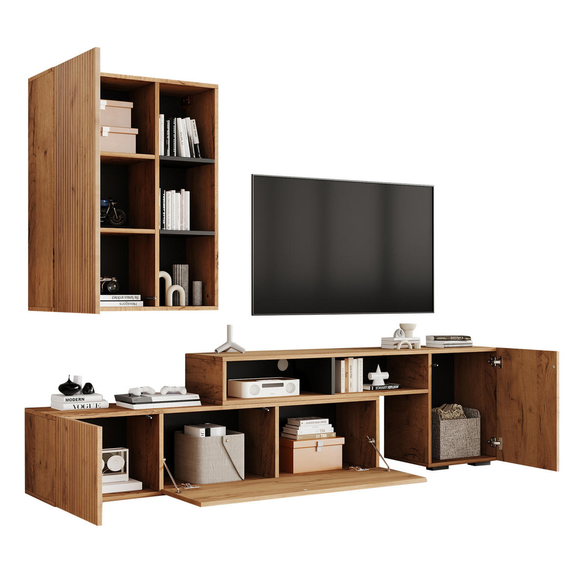 OBÝVACÍ stěna z dřevotřísky 135x35x53.5 cm dubová a černá s nastavitelnou TV skříňkou a nástěnnou skříňkou - barva dubu, kompozitní dřevo (135/53.5/35cm) - Modfu