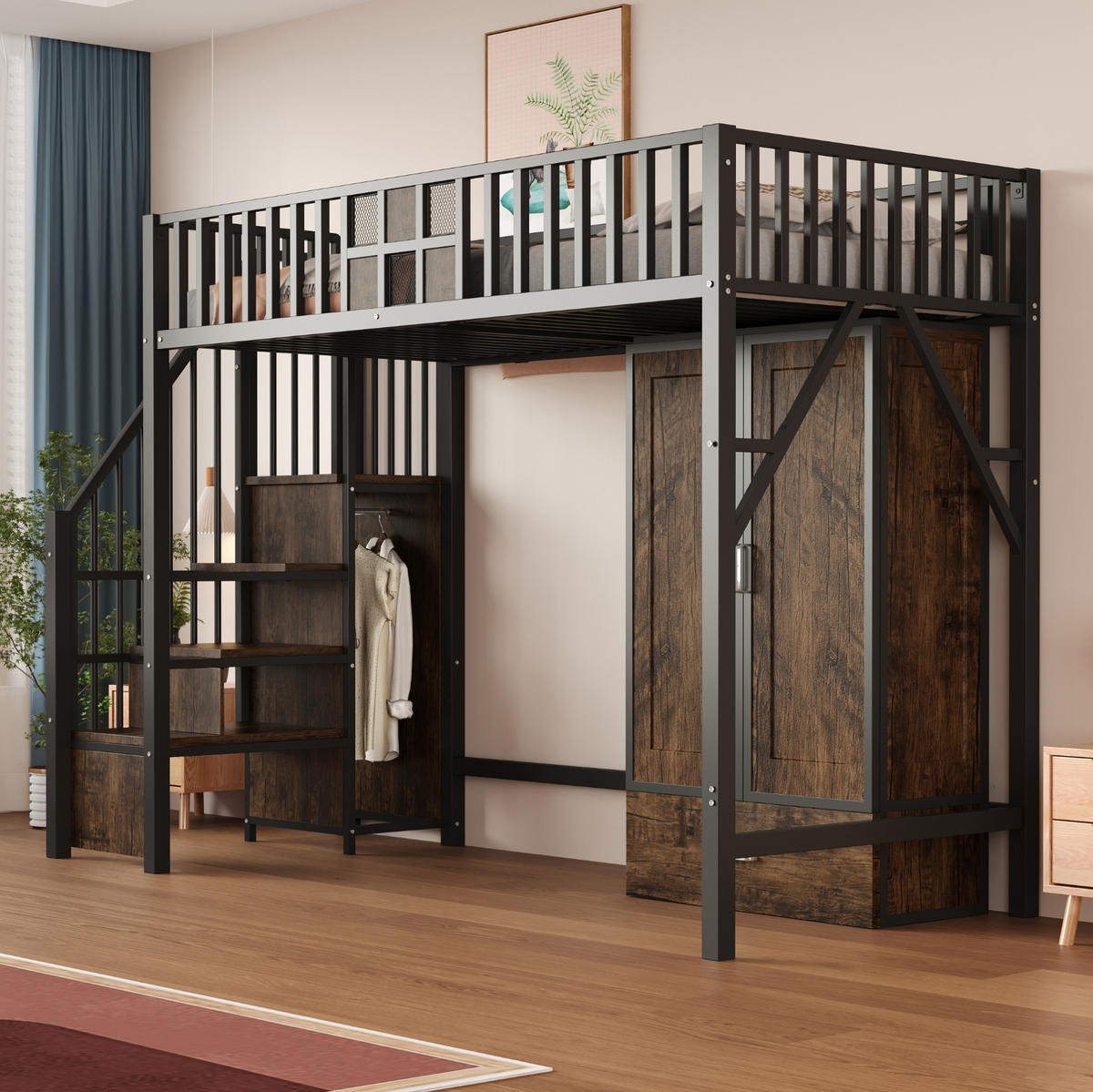 HOCHBETT 90/200 cm Schwarz aus Metall und Holz mit Kleiderschrank und Aufbewahrungsleiter - Schwarz, Metall (90/200cm) - OKMYHOME