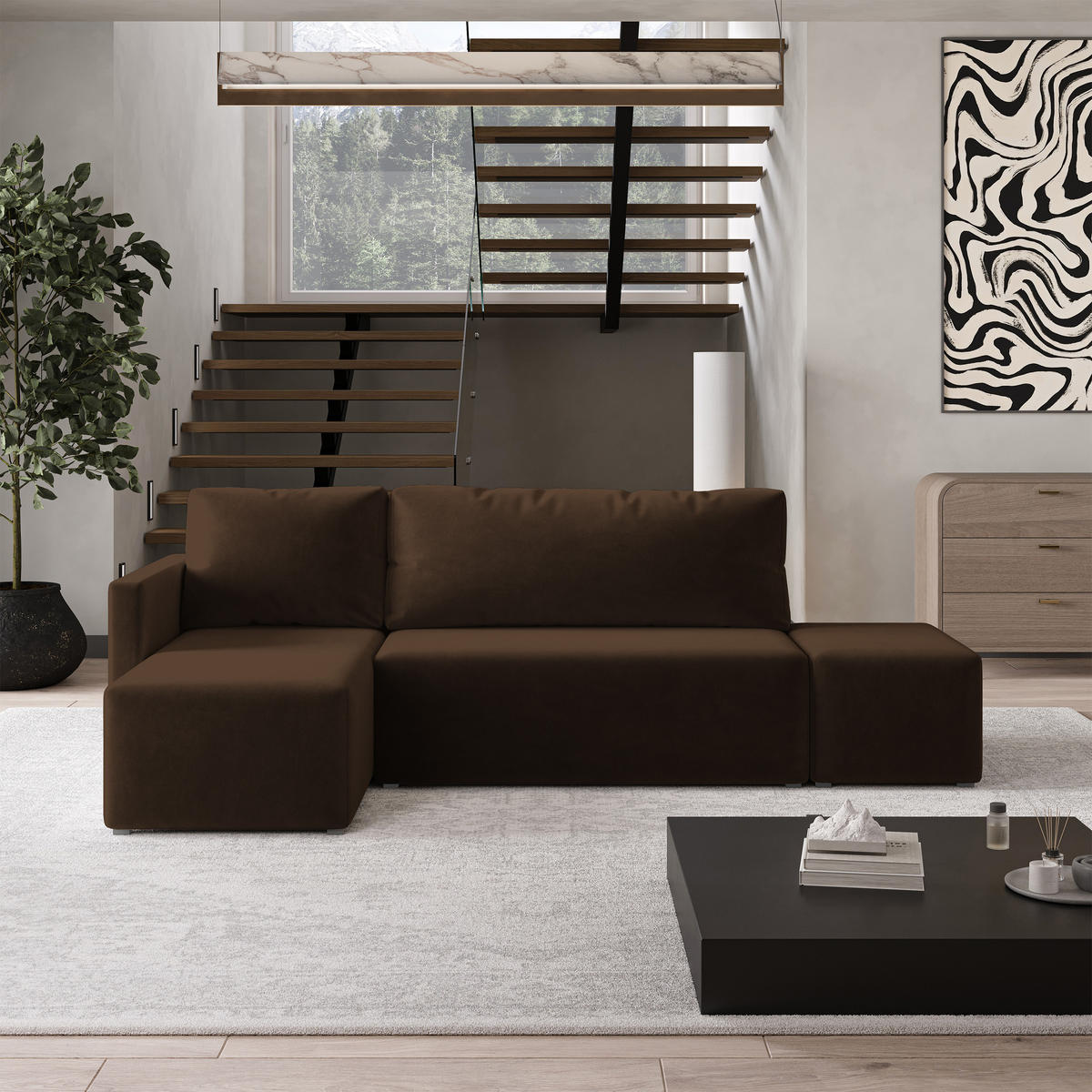 ECKSOFA VELOTTI L-S Braun Plüsch-Stoff mit Schlaffunktion - Braun, Holz (261/143cm) - MASSENO